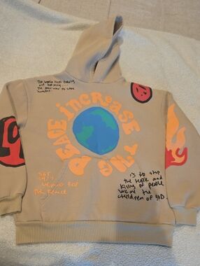 Men's PacSun Tan Hoodie with Blue & Green Earth and Orange Graphics